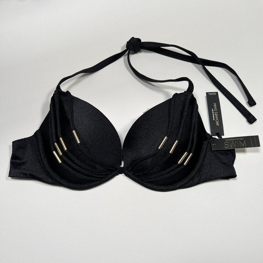 Victoria Secret 36D Push Up Bikini Top Banded Strappy Adds 1 Cup Size Black